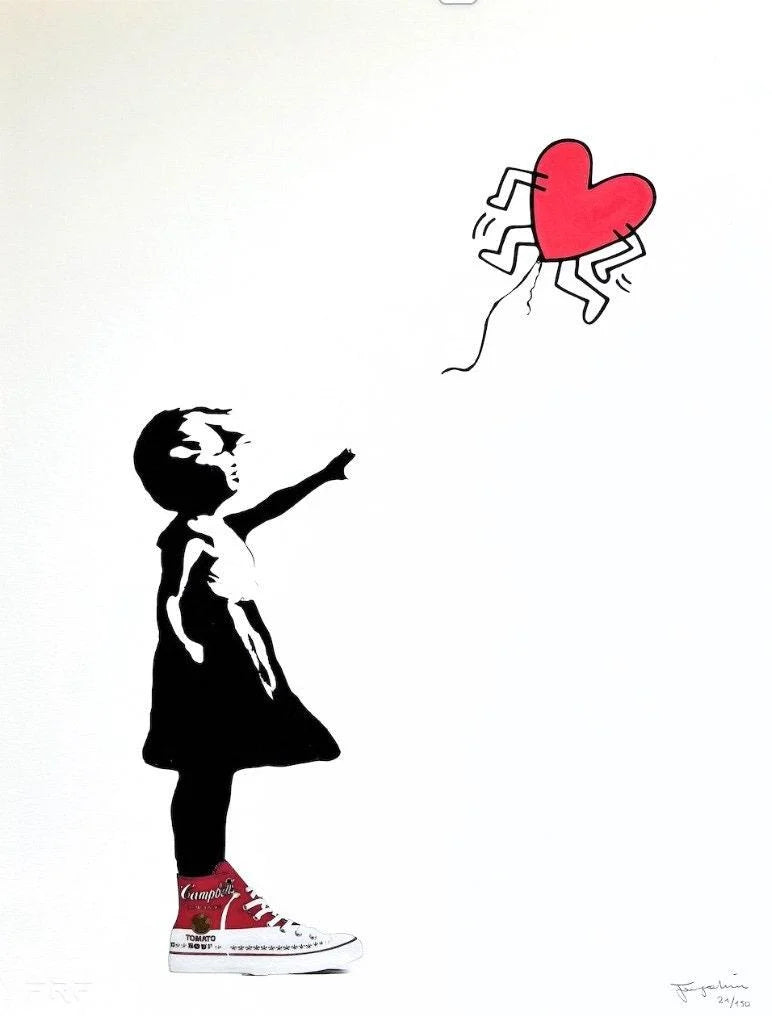 Artistic depiction of a child reaching for a heart-shaped balloon on a white background