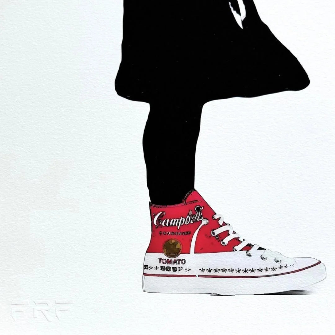 Red and white high-top sneakers with branding on a white background