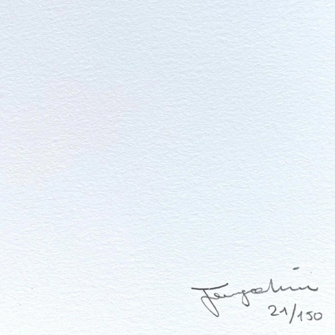 Light blue textured paper with Fenzolini Signature and '21/150' printed on it