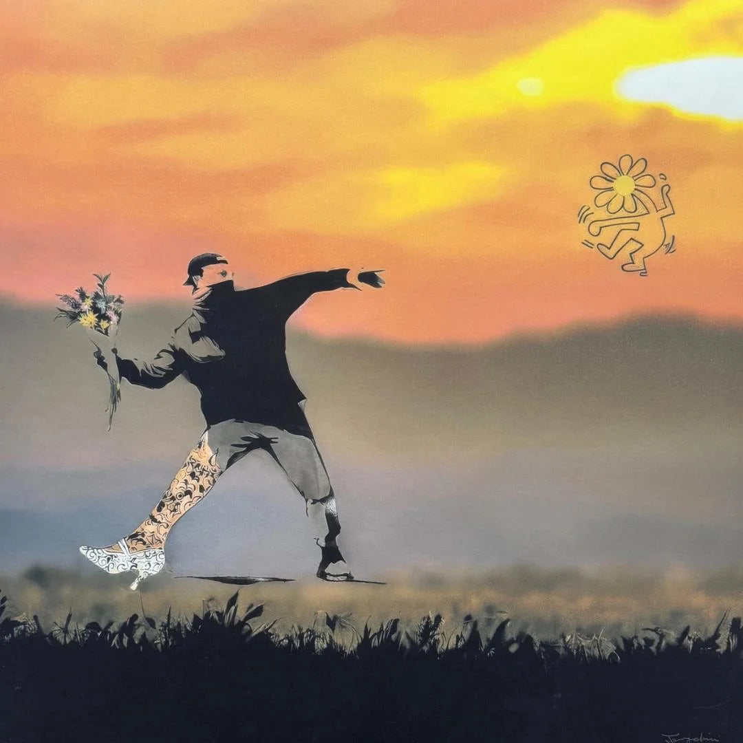 Person with a mismatched leg holding flowers against a sunset sky, with a Keith Haring design in the corner.