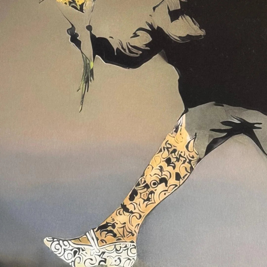 Artistic depiction of a shoe with intricate patterns on a gray background