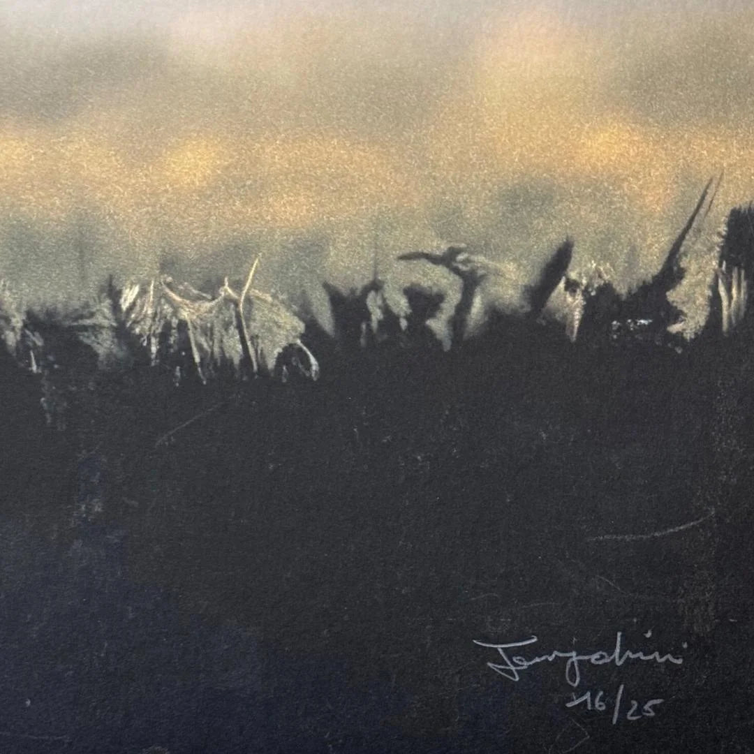 Artistic depiction of a landscape with trees and a signature in the corner