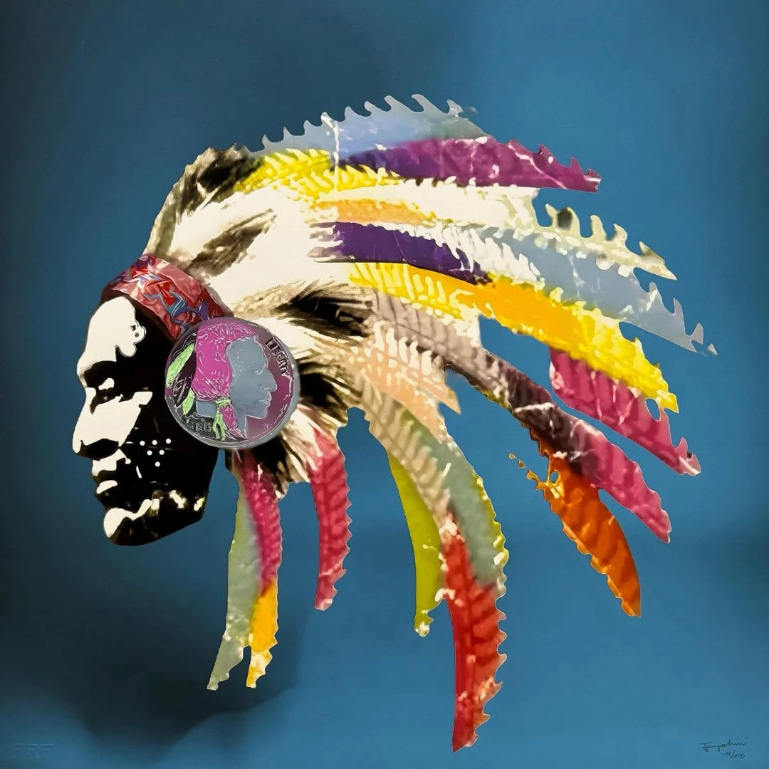 Colorful headdress with feathers on a blue background