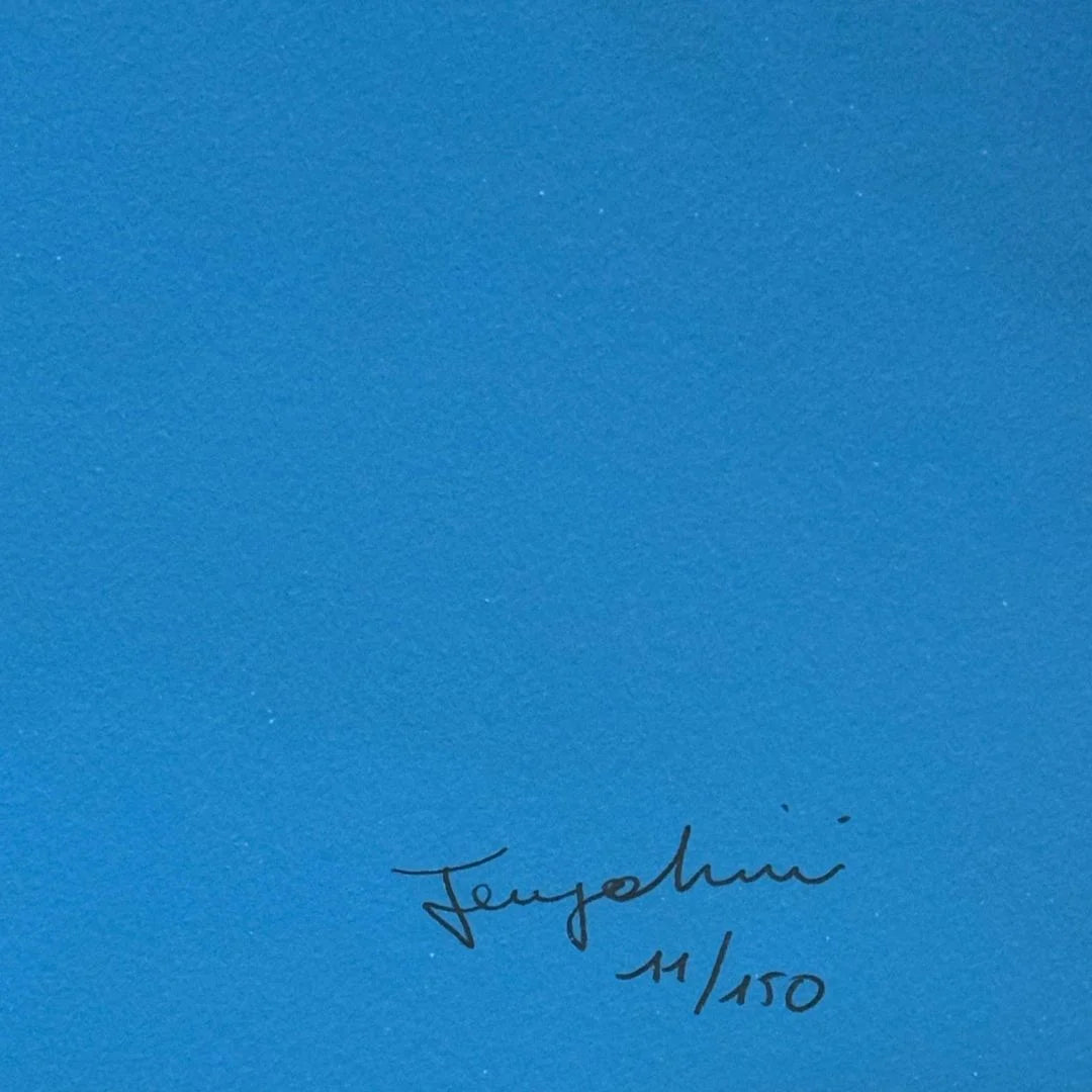 Blue textured paper with a signature and number '11/150' in the bottom right corner