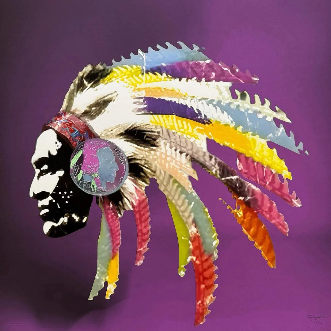 Colorful headdress with a stylized face on a purple background