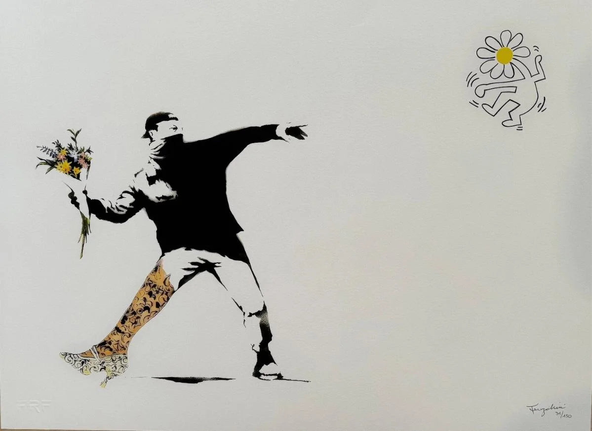 Stylized artwork of a person throwing flowers with a daisy logo on a white background
