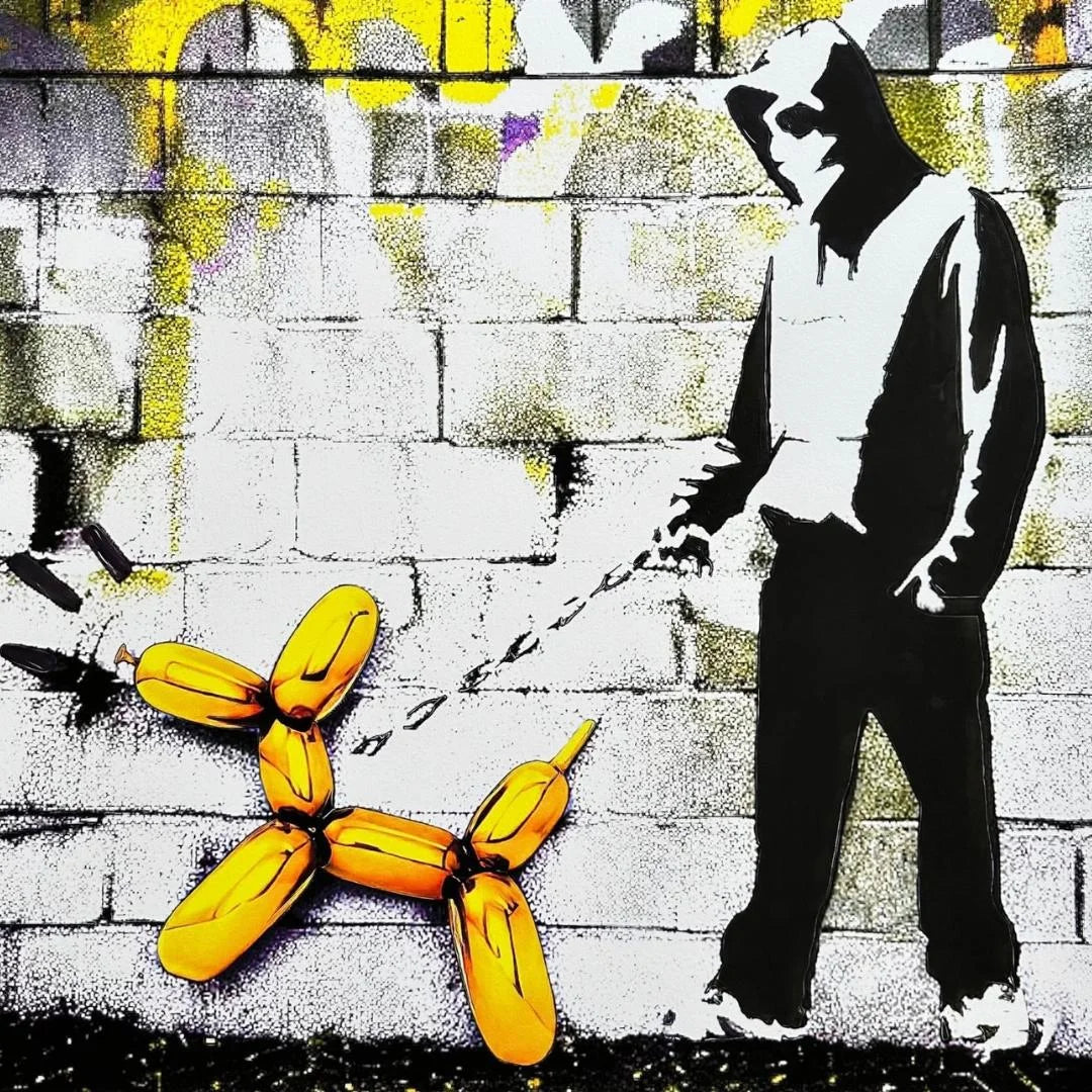 Graffiti art of a person with a balloon dog on a textured wall.