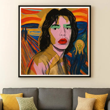 Framed Fenzolini's Artistic reinterpretation of a "The Scream," an art composition created by Norwegian artist Edvard Munch in 1893, but with an Andy Warhol Mick Jagger Pop Art figure centered in the middle and the scream figure behind. Artwork is above gray couch which has yellow pillows.