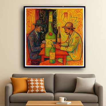 A framed artwork of Colorful artwork of two men playing cards with bottles in a stylized setting hung over a gray couch with orange and gray pillows and a coffee table centered with coffee mug, and book.