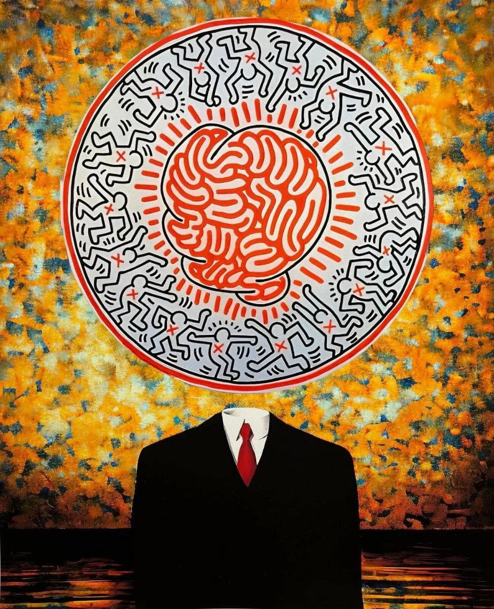Artistic depiction of a person with a brain as a head against an abstract background