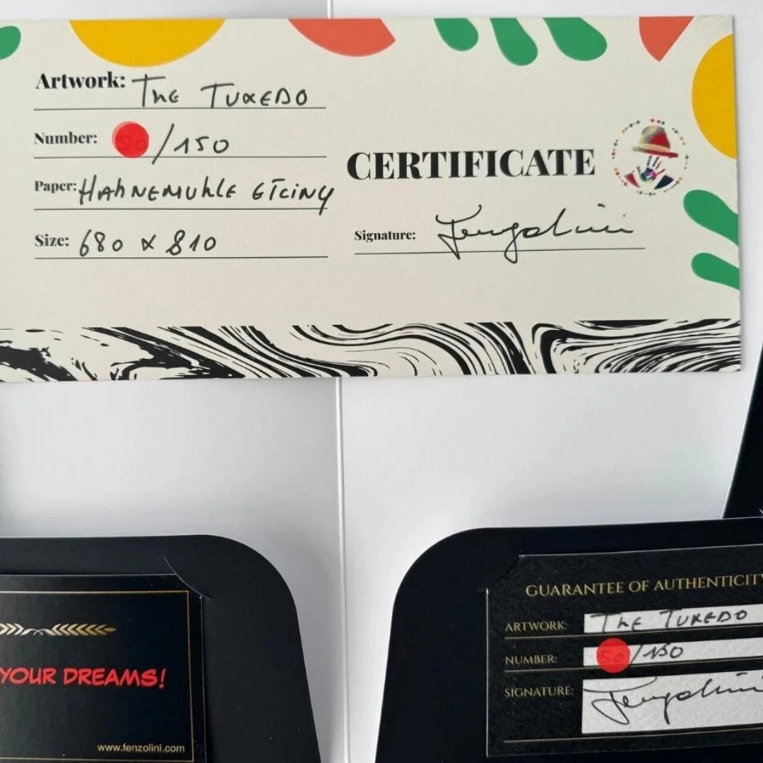 Certificate of authenticity for 'The Tuxedo' artwork with colorful border and text details.