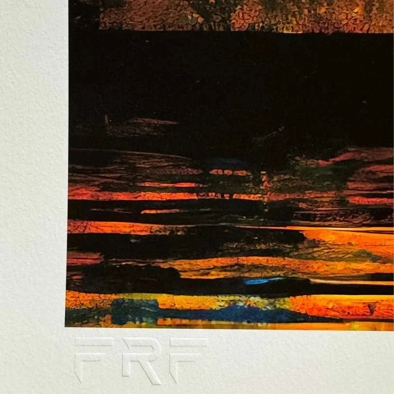 Abstract art with orange, black, and blue colors on a white background