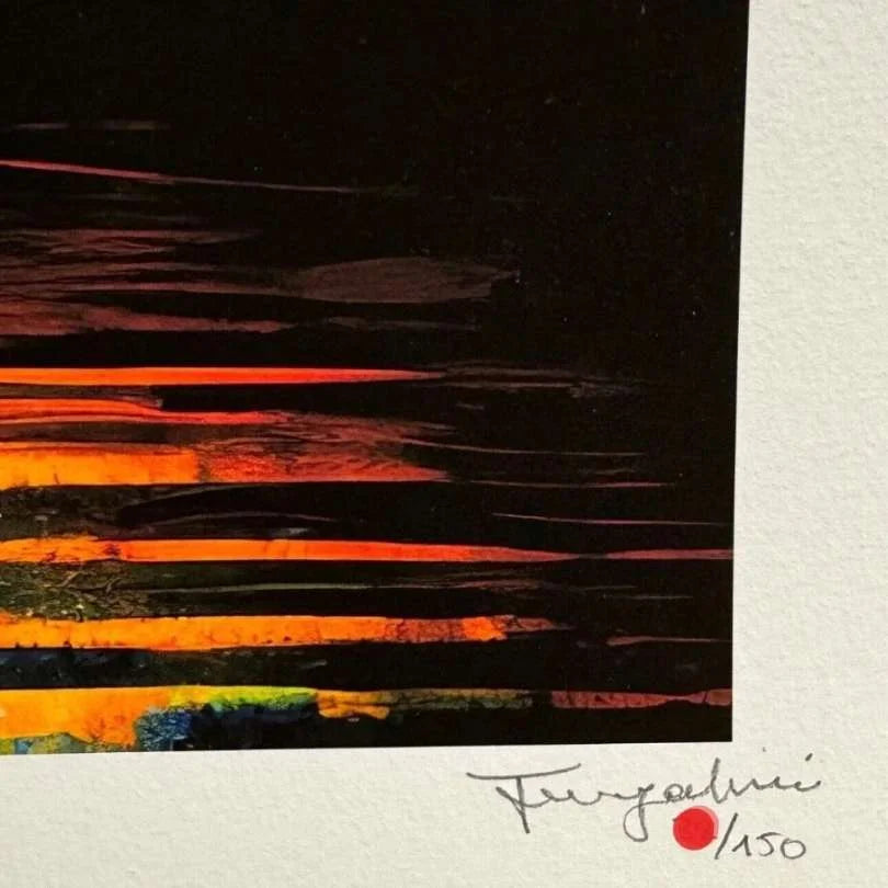Abstract artwork with horizontal stripes of red, orange, and yellow on a black background, signed by the artist.