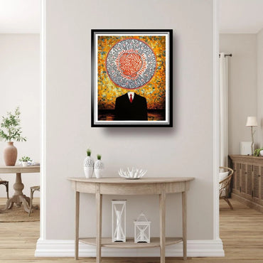 Framed abstract artwork on a wall above a wooden console table.