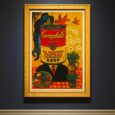 Framed artwork of a Campbell's Soup can with a person's head, on a dark wall.