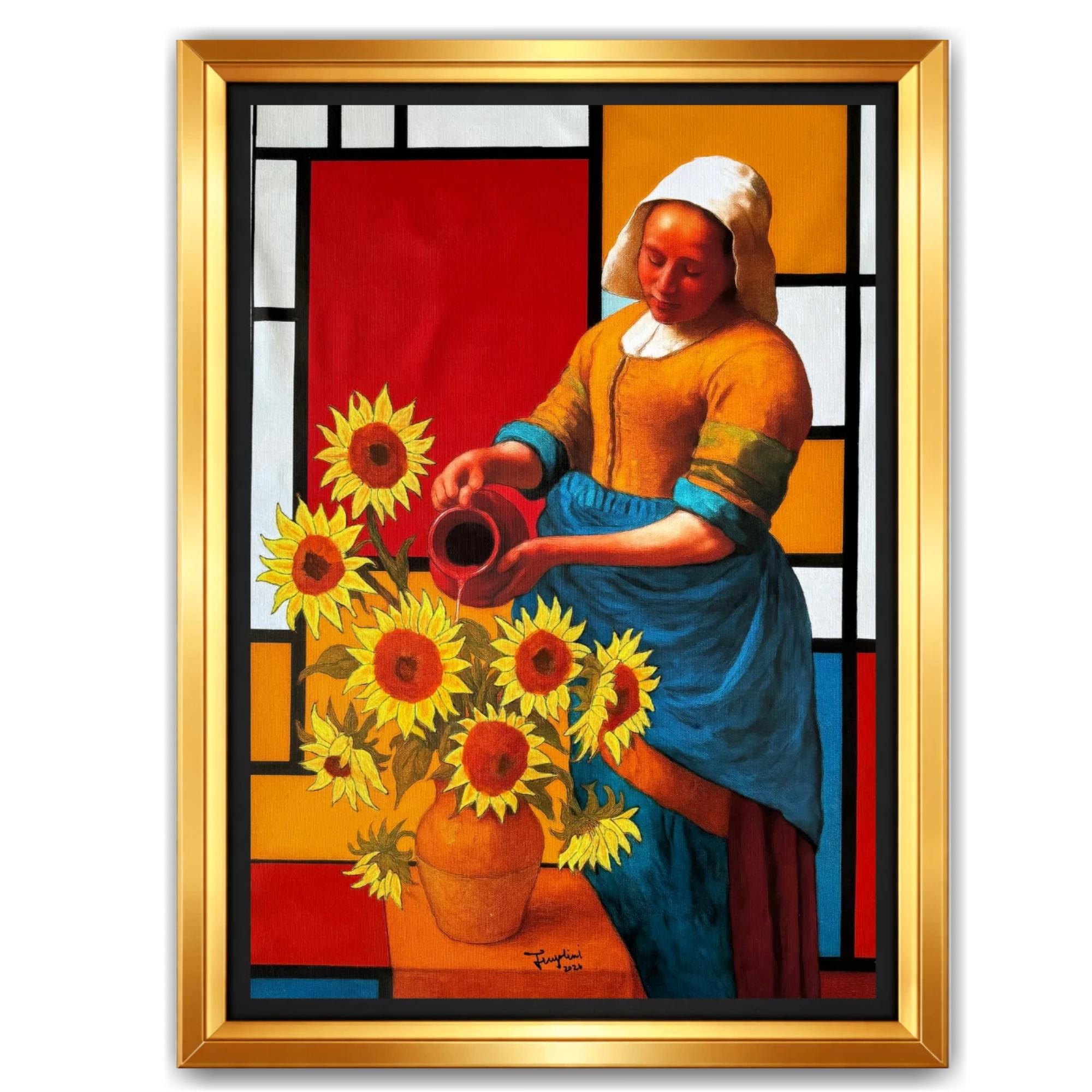 Framed artwork of a woman pouring water into sunflowers with a colorful geometric background.