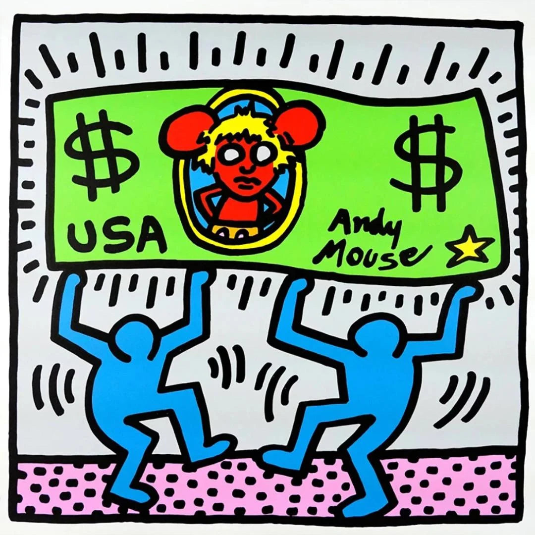 Surreal artwork with a character holding a sign featuring 'Andy Mouse' and dollar signs, surrounded by blue figures and a pink polka dot border.
