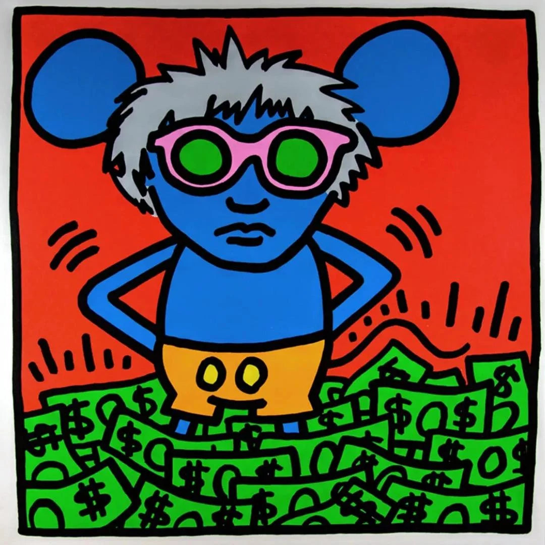 Colorful artwork of a blue character with mouse ears and pink sunglasses standing on money.