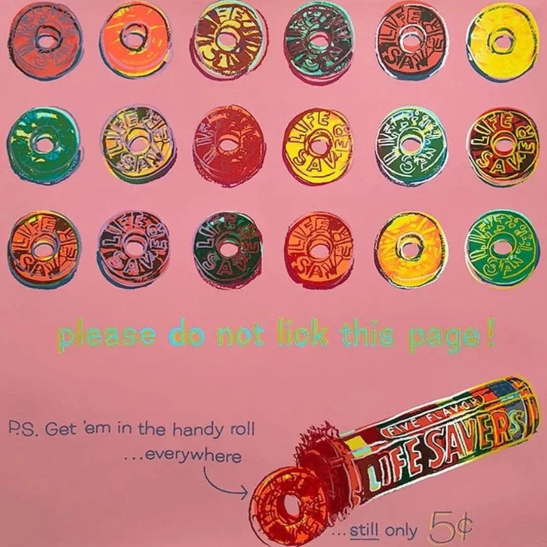 Colorful Life Savers candy wheels on a pink background with promotional text.