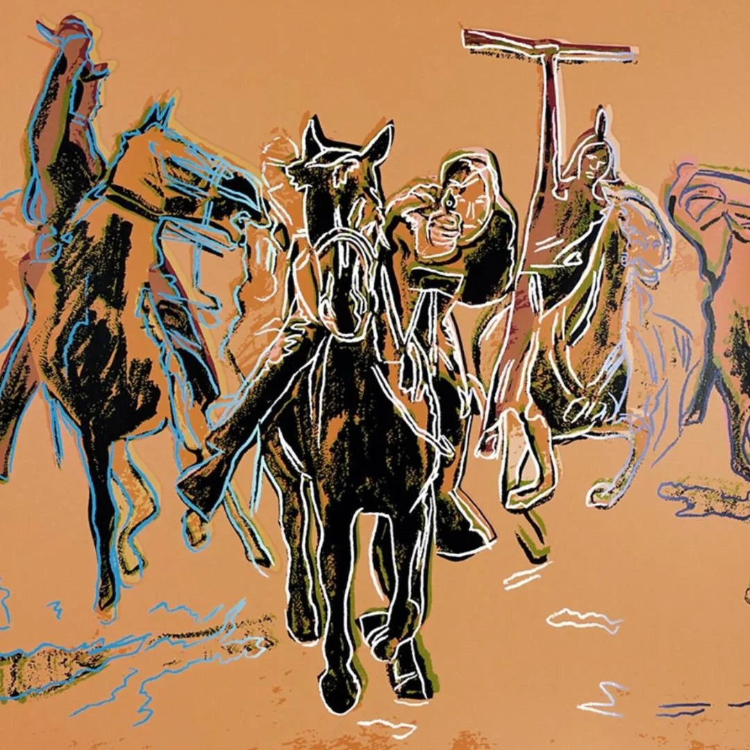 Artistic depiction of cowboys on horseback with a stick, on a brown background
