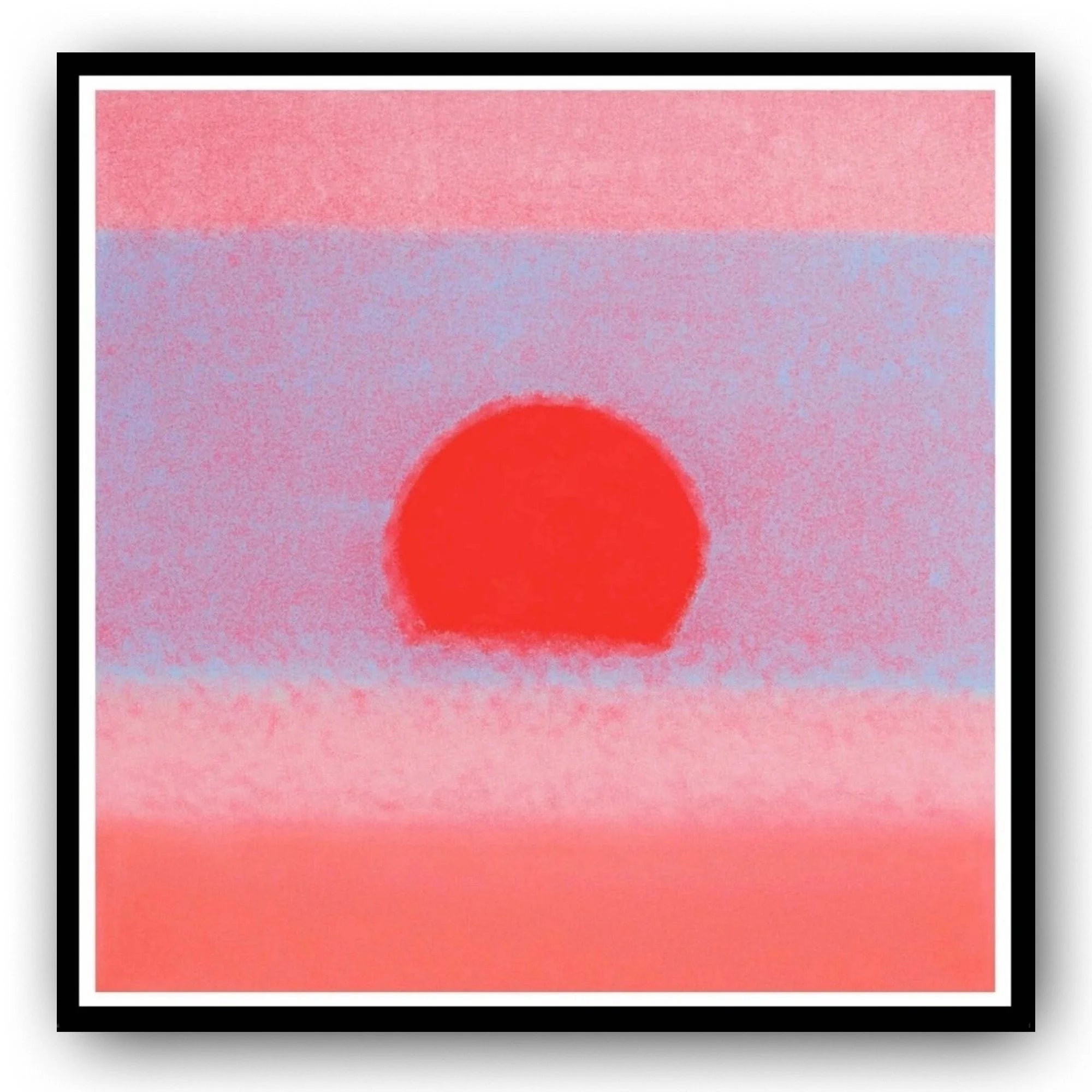 Simplified abstract artwork with a red sunset on a pink background