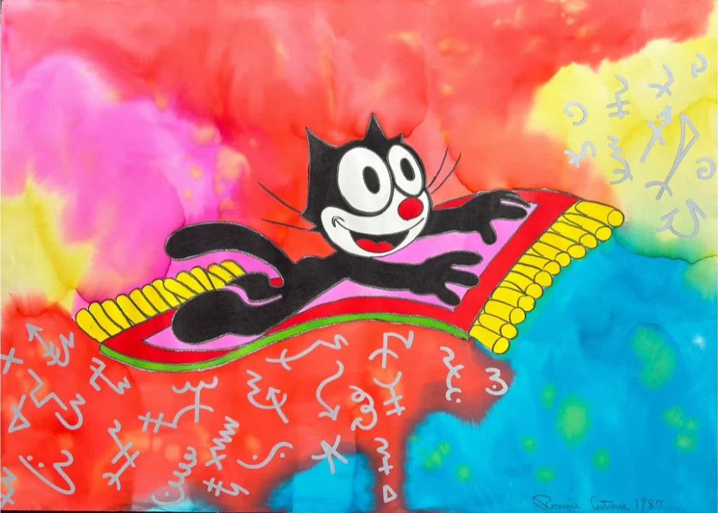 Cartoon cat character on a colorful background