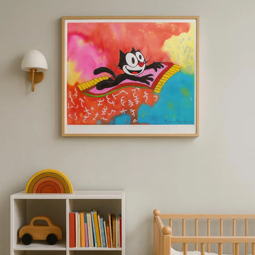 Colorful cartoon painting of a cat on a bed in a child's room with a shelf and crib.