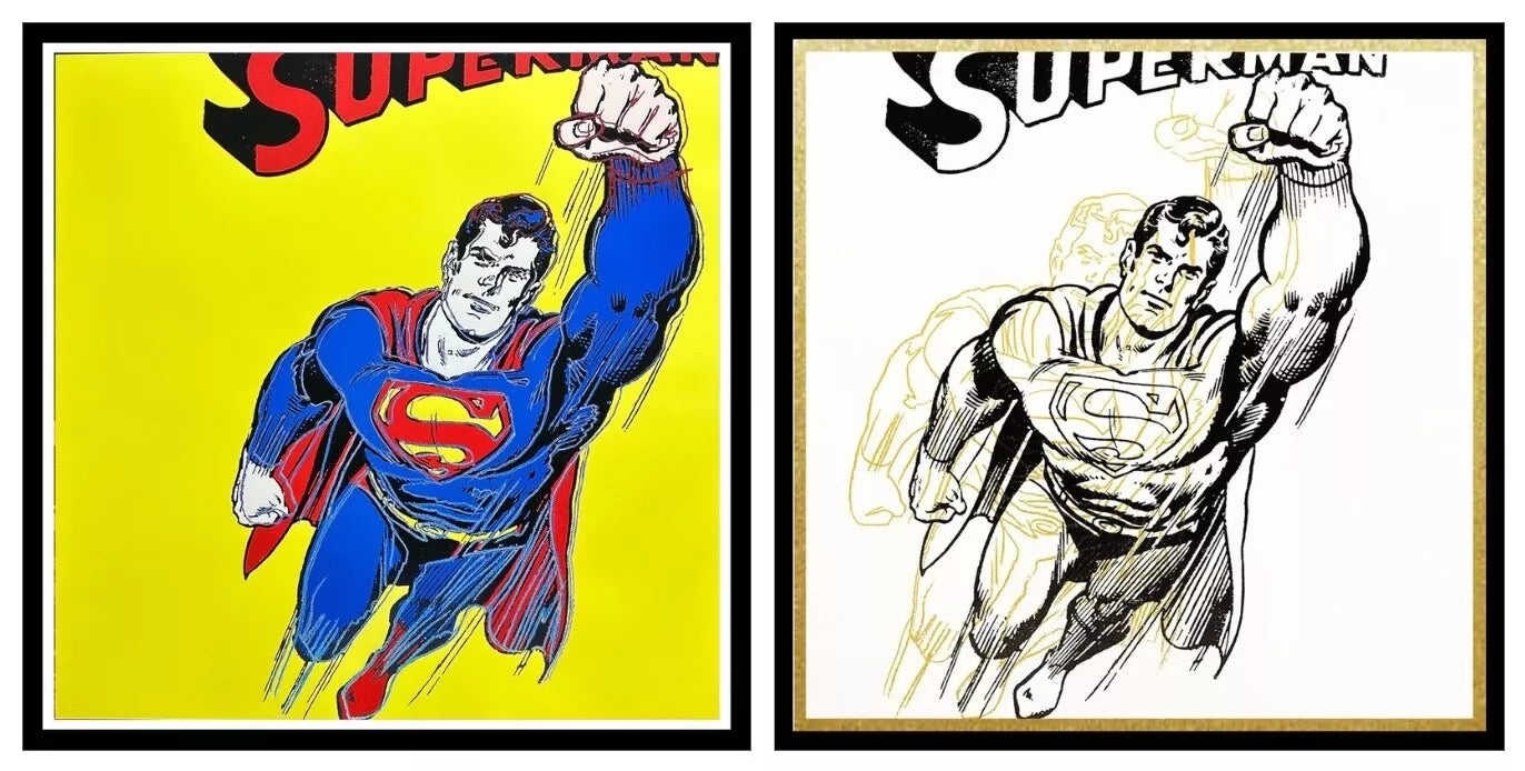 ANDY WARHOL– 2 Piece Pkg: “Superman Trials"- Multicolor Screenprint Proofs- Myths-Diamond Dust Museum Board-38 x 38" Wall Art