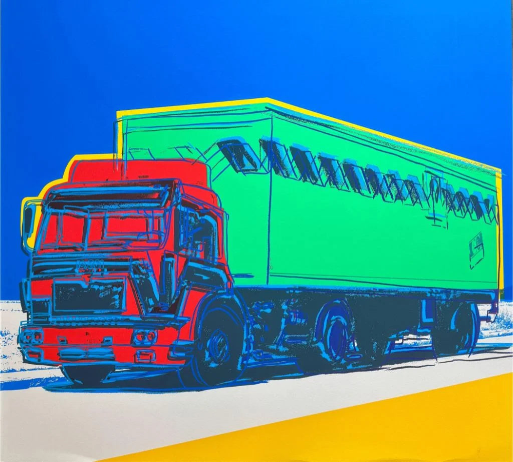 Colorful truck on a blue and yellow background