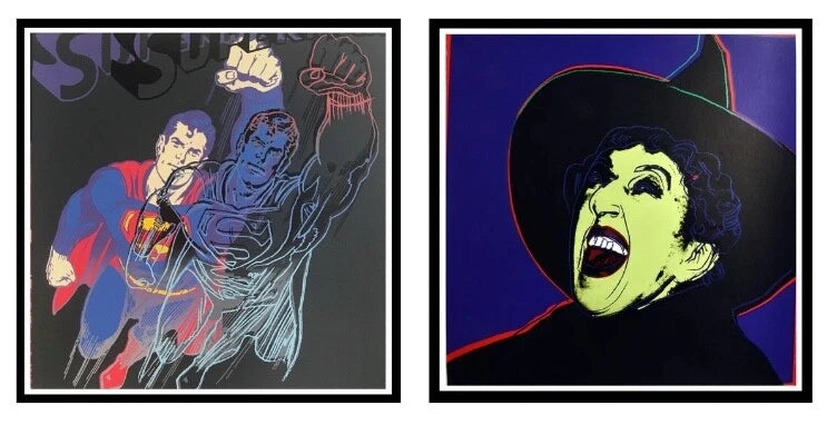 ANDY WARHOL– Pkg.2 Pieces: “Superman & Witch"-Silkscreen Proofs- Myths- Diamond Dust- Museum Board-38 x 38" Wall Art