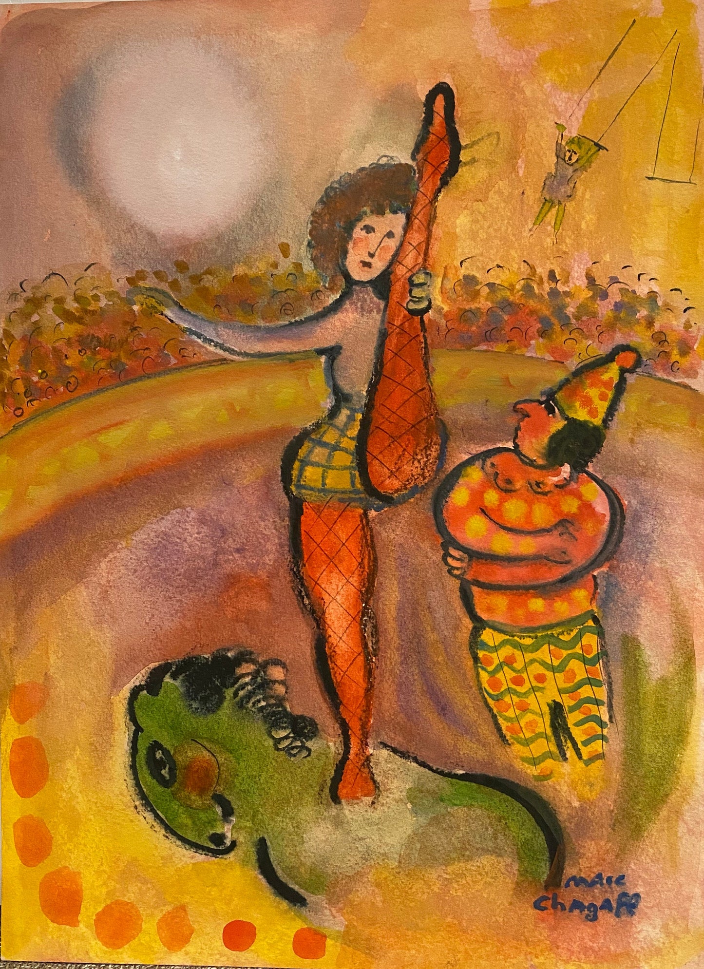CHAGALL- ORIGINAL WATERCOLOR- Gouache Painting- Hand Signed, pHD Approval, Appraisal- Ships Flat- Beautiful Circus Piece.