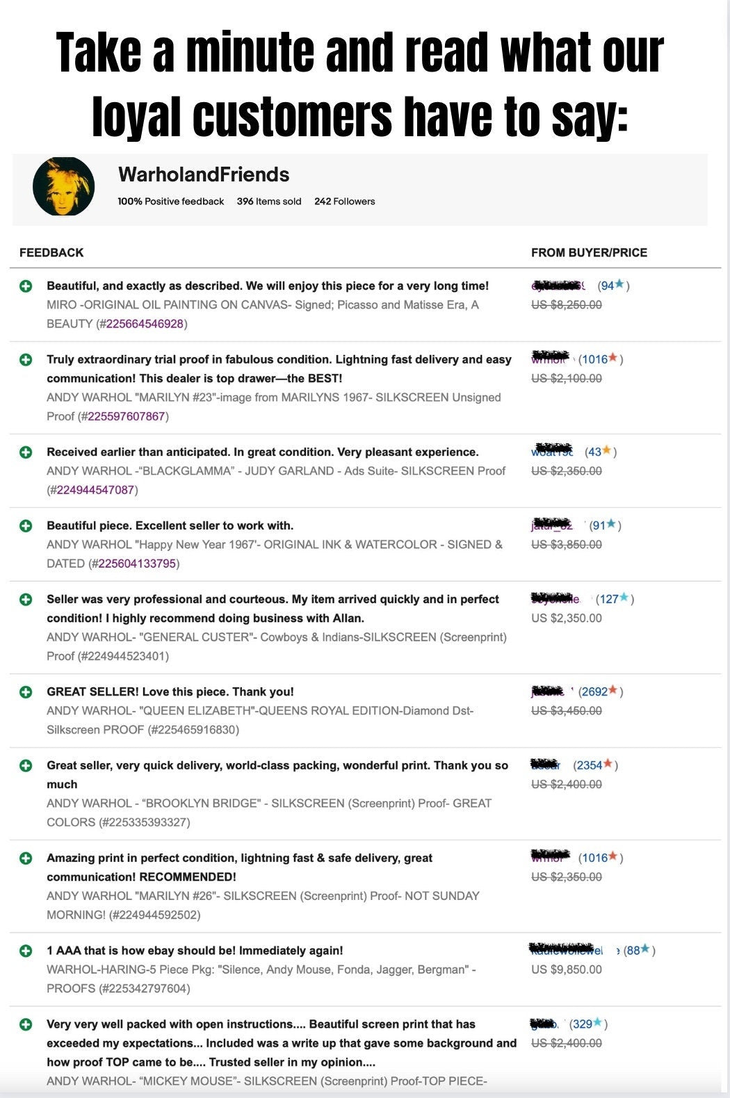 An image of our five star reviews from various previous buyers (see reviews, testimonials on home page).