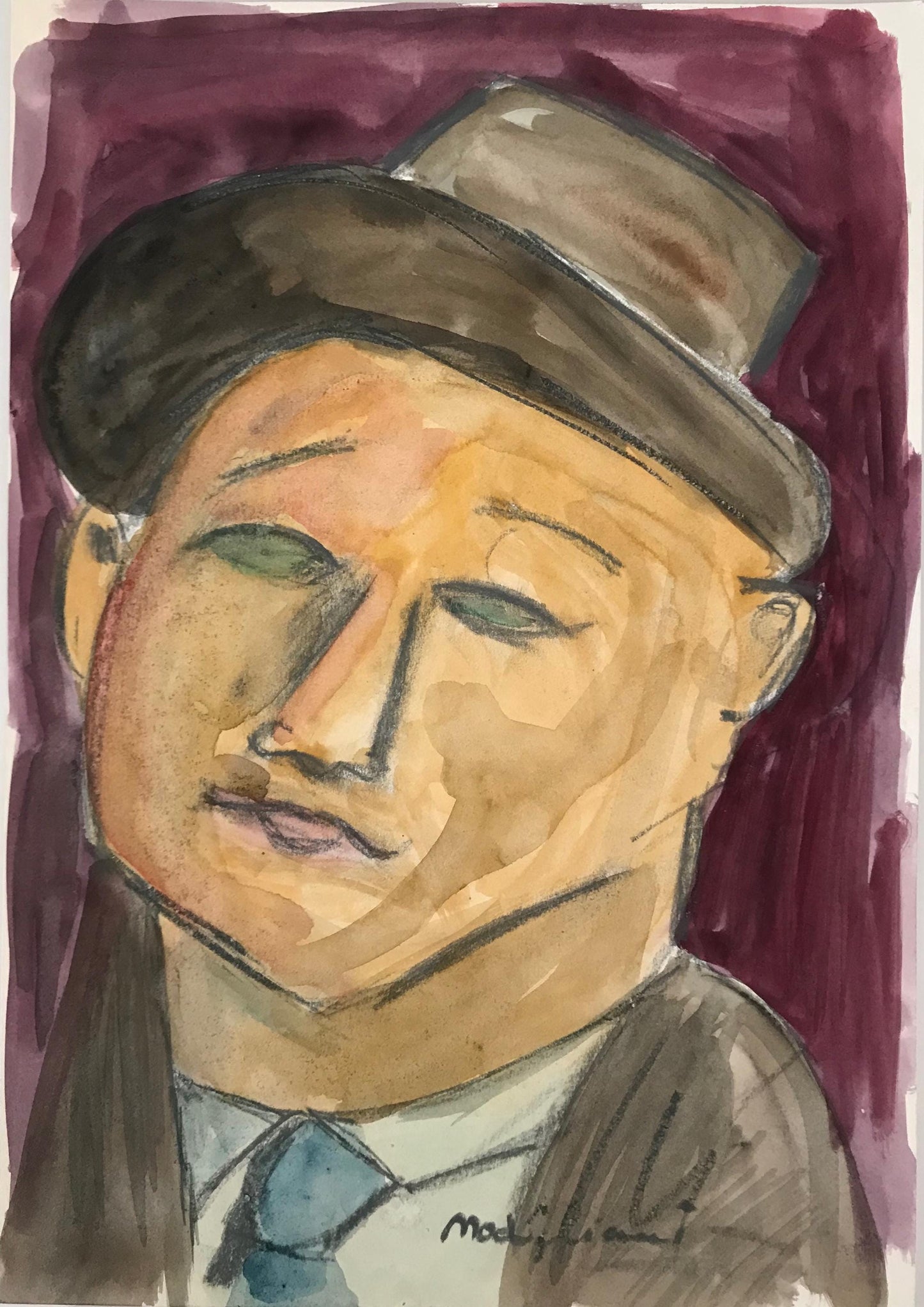 MODIGLIANI- Original WATERCOLOR- "Max Beckman"- signed, Nice paperwork -pHD APPROVAL- Perfect Signature- Flat Ship- A Beauty!