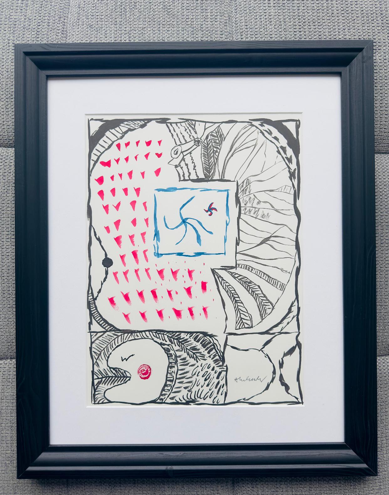 PIERRE ALECHINSKY: Unique Hand-Signed- Abstract Ink Painting- Framed- Contemporary Artwork- One Of A Kind!