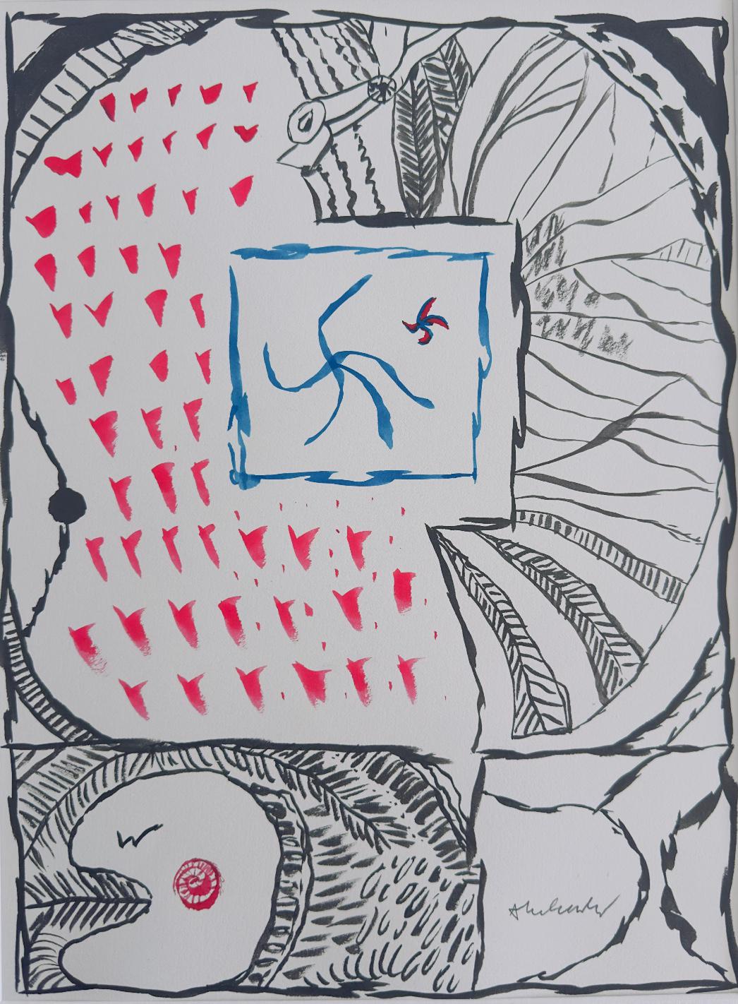 PIERRE ALECHINSKY: Unique Hand-Signed- Abstract Ink Painting- Framed- Contemporary Artwork- One Of A Kind!