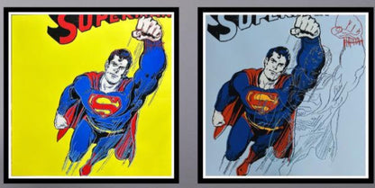 ANDY WARHOL– 2 Piece Pkg: “Superman Trials"- Yellow &  Lt. Blue- Screenprint Proofs- Myths-Diamond Dust Museum Board-38 x 38" Wall Art