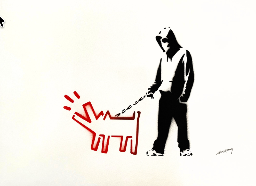 BANKSY –"Barking Dog"- Original Sprayed Black & Red Paint- Hand Signed- Rare Color- Iconic Stencil Grafitt