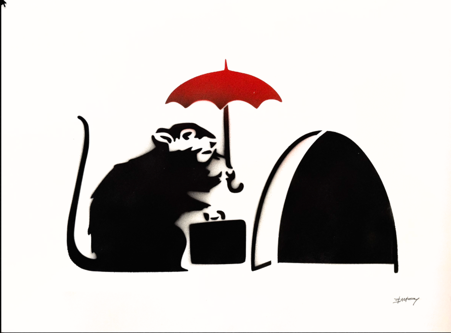 BANKSY –"Umbrella Rat"- Original Sprayed Black &  Red Paint- Hand Signed- Iconic Stencil Grafitti