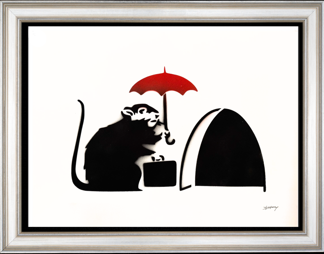 BANKSY –"Umbrella Rat"- Original Sprayed Black &  Red Paint- Hand Signed- Iconic Stencil Grafitti
