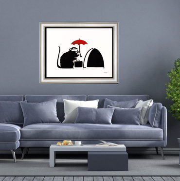 BANKSY –"Umbrella Rat"- Original Sprayed Black &  Red Paint- Hand Signed- Iconic Stencil Grafitti