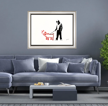 BANKSY –"Barking Dog"- Original Sprayed Black & Red Paint- Hand Signed- Rare Color- Iconic Stencil Grafitt