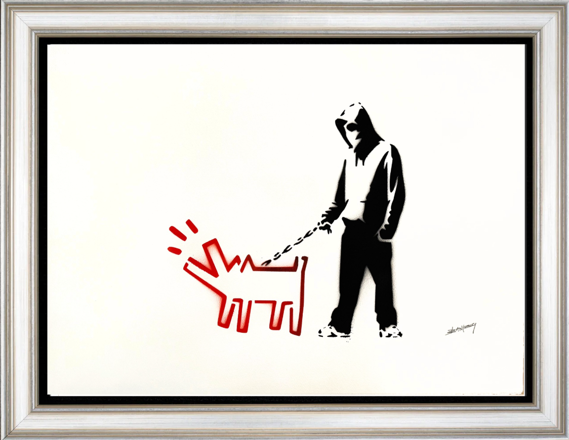 BANKSY –"Barking Dog"- Original Sprayed Black & Red Paint- Hand Signed- Rare Color- Iconic Stencil Grafitt