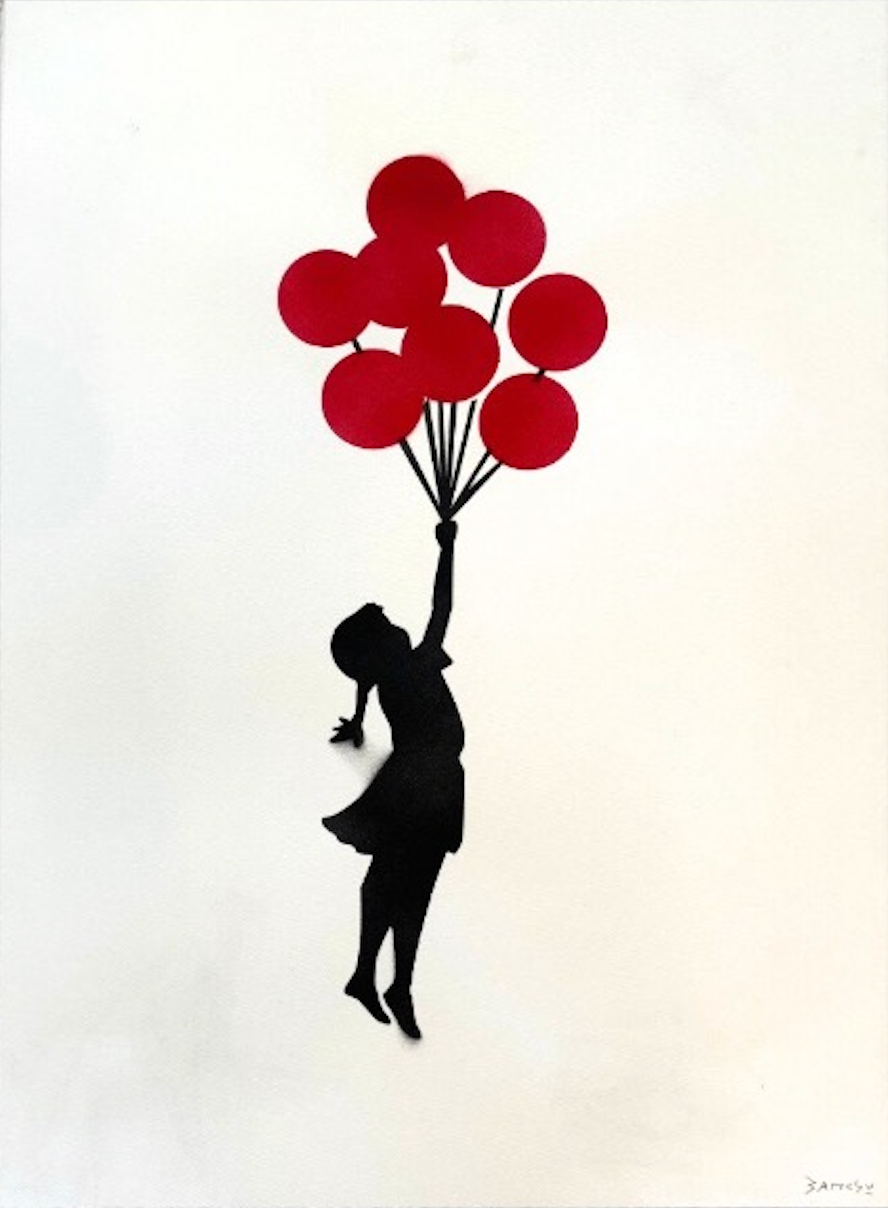 BANKSY –"8 Red Balloons"- Original Sprayed black & red paint- Signed- Museum Quality- Full sized | Iconic Street Art
