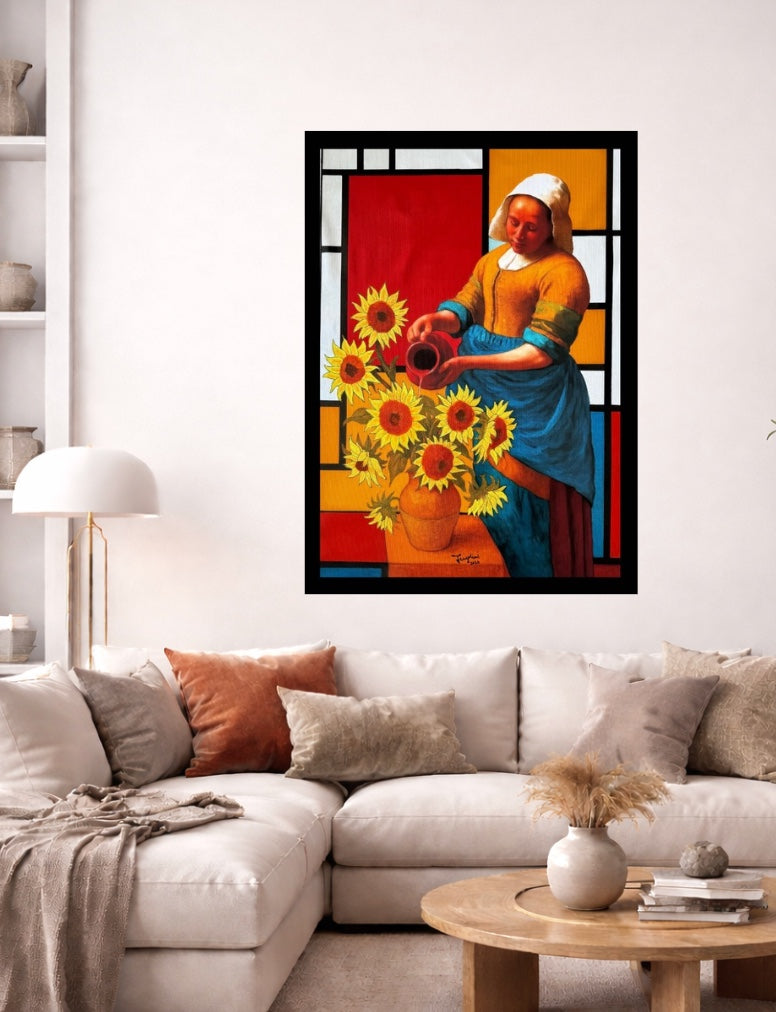 Living room with a painting of a woman holding sunflowers on the wall.