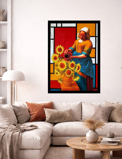 Living room with a painting of a woman holding sunflowers on the wall.