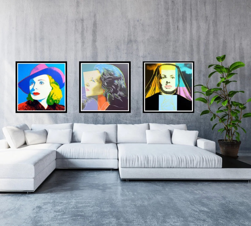 ANDY WARHOL–3 Piece Suite-"Ingrid Bergman With Hat,  Herself, and Nun"- Layered Silkscreens- Superb Quality-38x38" | Pop Art