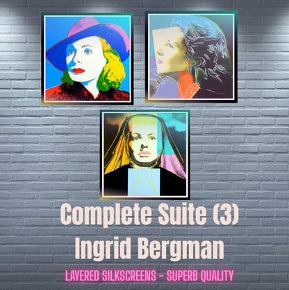 ANDY WARHOL–3 Piece Suite-"Ingrid Bergman With Hat,  Herself, and Nun"- Layered Silkscreens- Superb Quality-38x38" | Pop Art