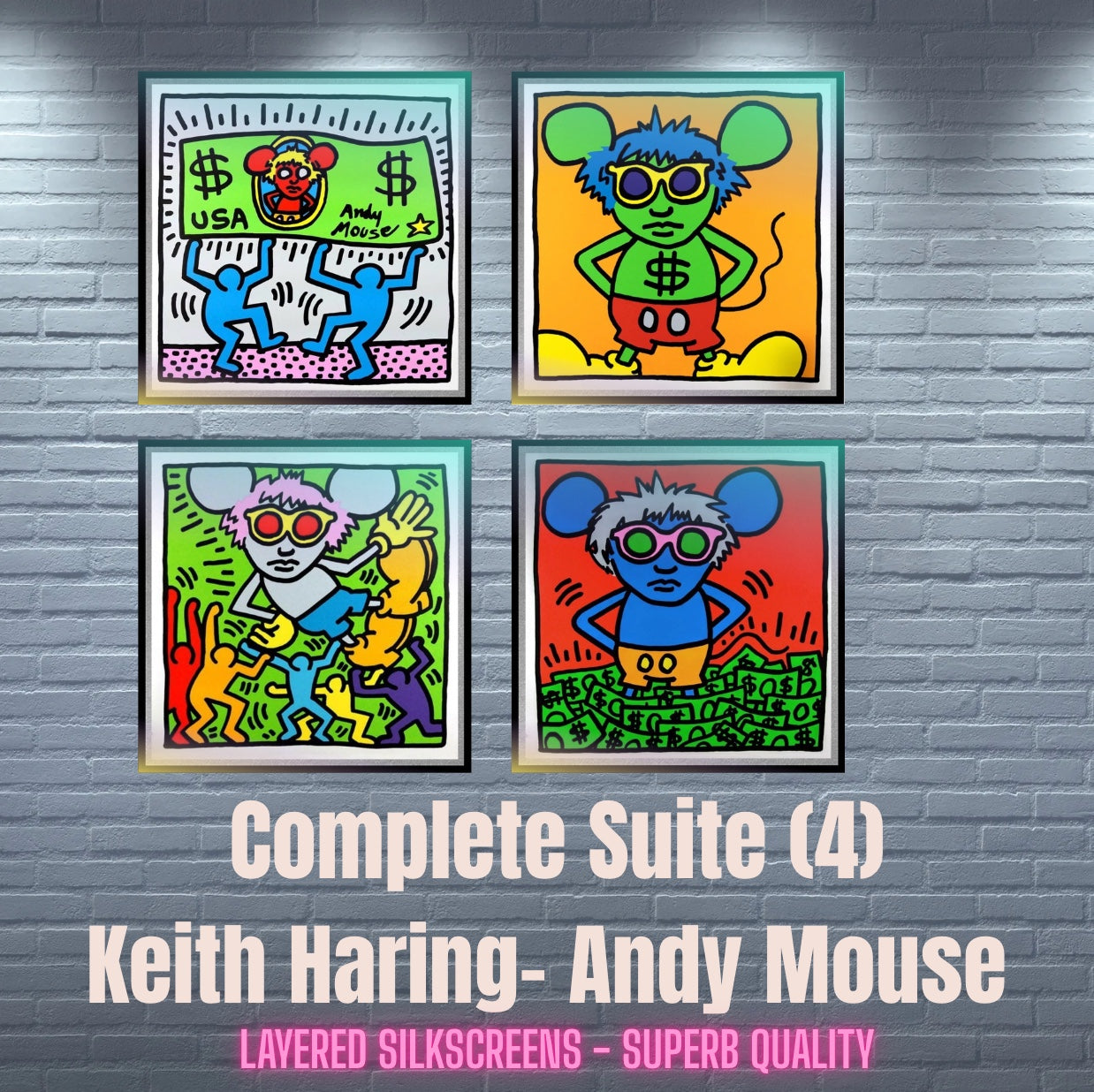 KEITH HARING/WARHOL-4 Piece Pkg."Andy Mouse Series" Silkscreens- Unsigned Proofs-Museum Quality- 38x38" Great Color | Pop Art