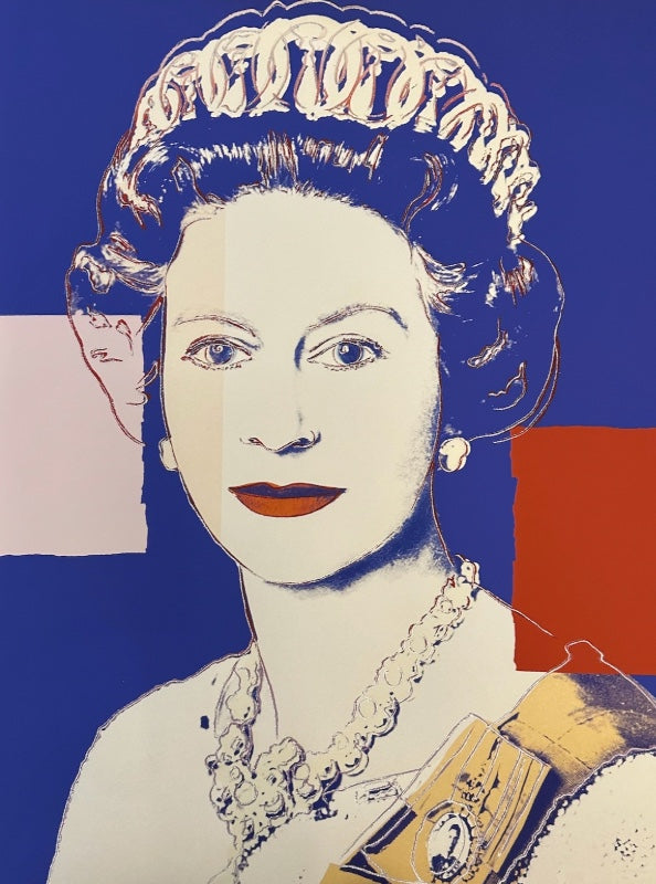 Stylized portrait of a woman with a decorative headpiece and jewelry against a blue background