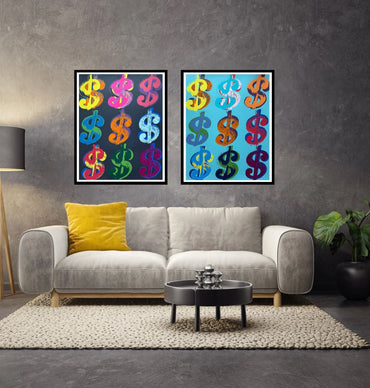 Living room with a gray sofa, yellow pillow, and two colorful dollar sign art pieces on the wall.